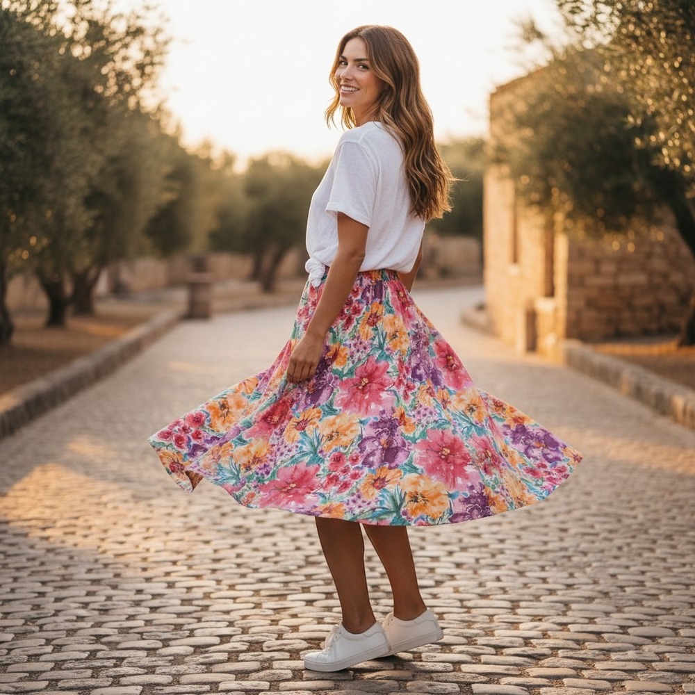 Vintage 90s Beco Originals Floral Watercolor Midi Skirt M Cottagecore